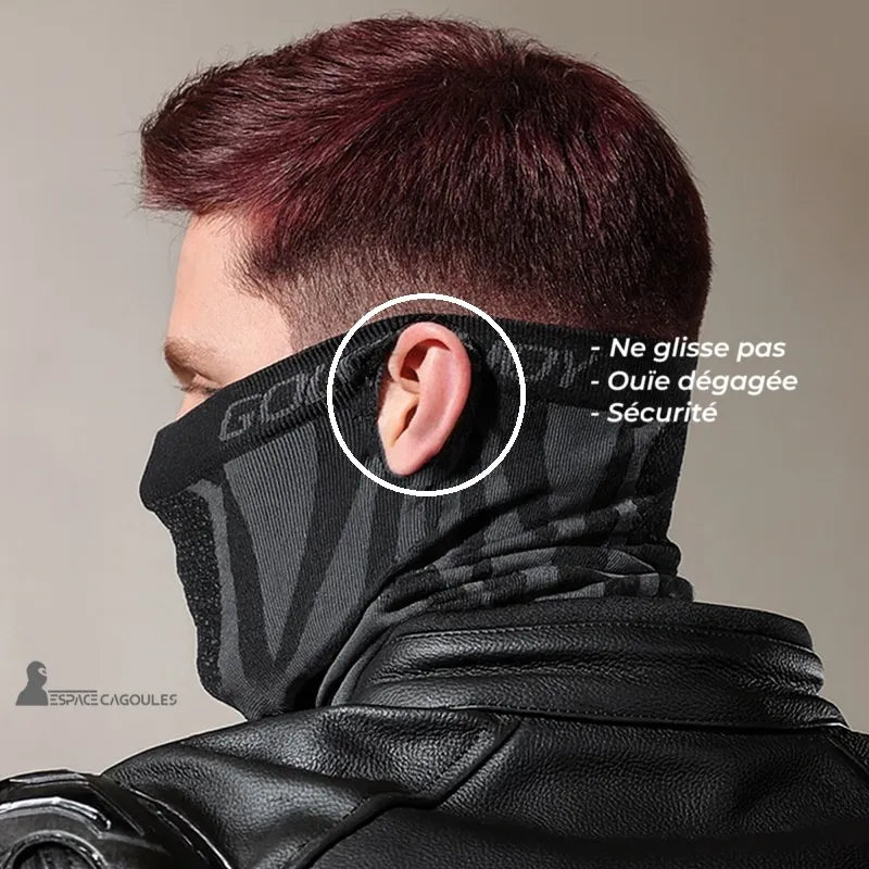 Motorcycle mask balaclava with ear opening, rear view of biker in black leather jacket