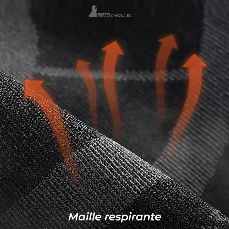 Breathable mesh black motorcycle mask hood with arrows illustrating ventilation