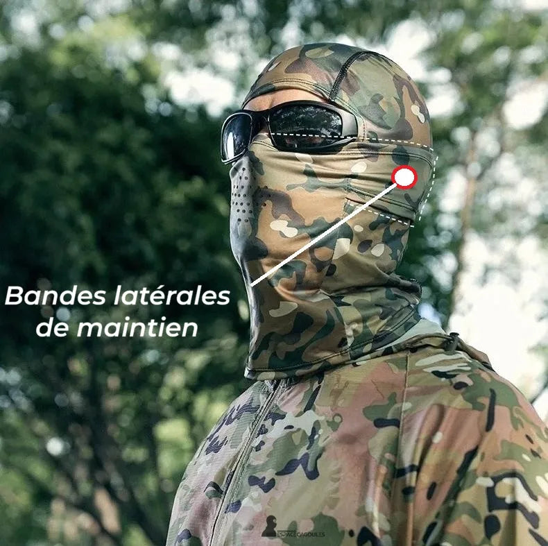 Militärhuva 1 hål i teknisk elastisk tyg, bärs utomhus med sidoband för stöd och full ansiktsskydd under taktiska glasögon - Huvar