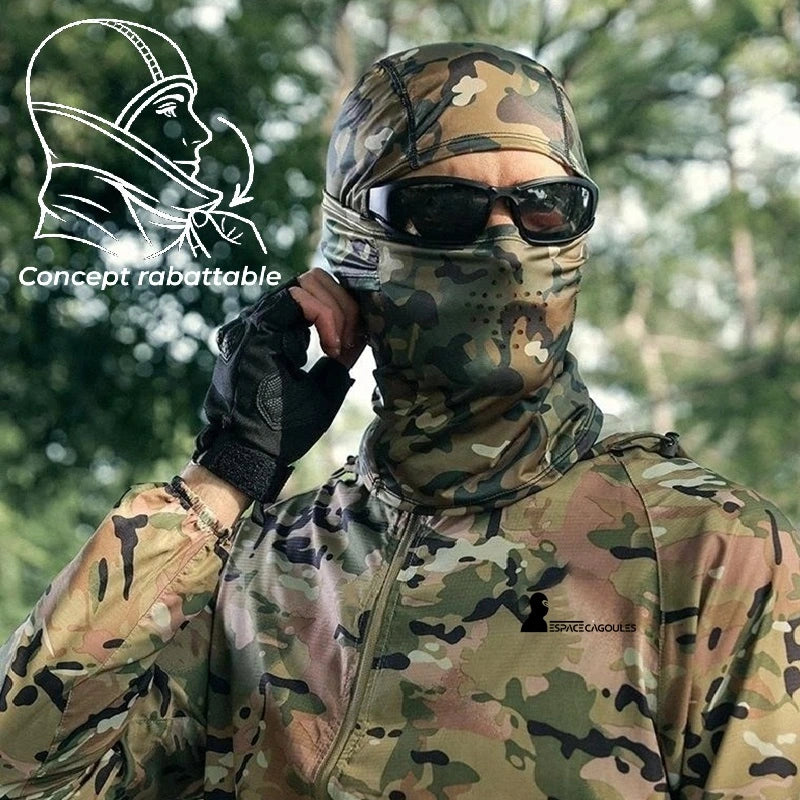 Militärhuva 1 hål i glansig siden camouflagemönster sett från sidan med ikoner för solskydd, kylande effekt, snabb torkning och mjukt andningsbart tyg för huden - Huva Utrymme