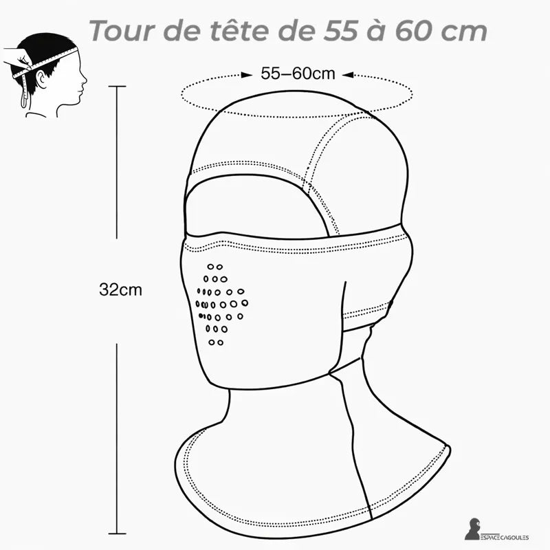 Militärhuva 1 hål teknisk skiss som visar huvudomfång 55 till 60 cm och längd 32 cm med täckande struktur för ansikte och nacke - Utrymme för huvor