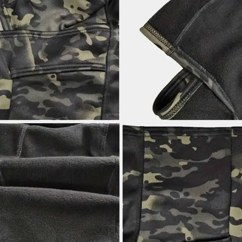 Détails de la cagoule militaire noire camouflage, tissu tactique résistant et coutures renforcées.