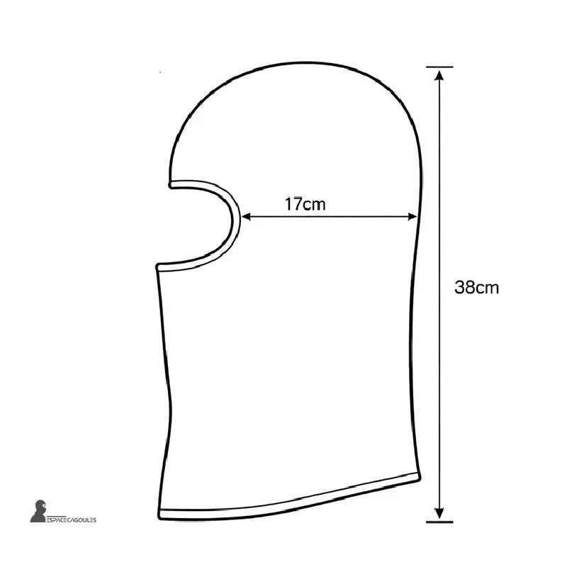 Militärhuva Döskalle med ett hål, profilvy med teknisk skiss som visar 17 cm ansiktsöppning och 38 cm totalhöjd - Utrymme för huvor
