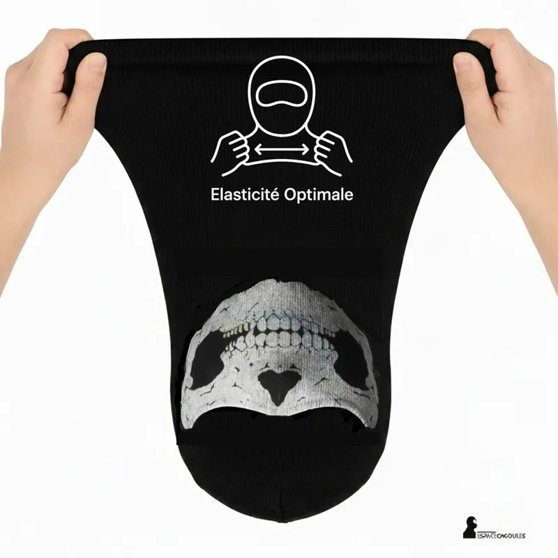 Military Hood Black Skull held between two hands illustrating the elasticity of the fabric with explanatory pictogram on a light background – Hood Space