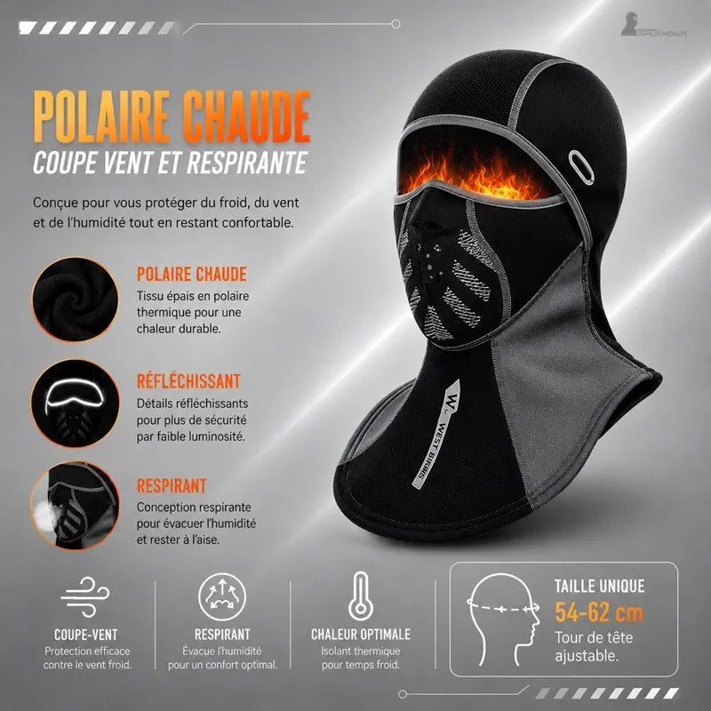 Cagoule motard noire et grise présentant ses atouts : polaire chaude, détails réfléchissants, conception respirante et taille unique 54-62 cm - Espace Cagoules
