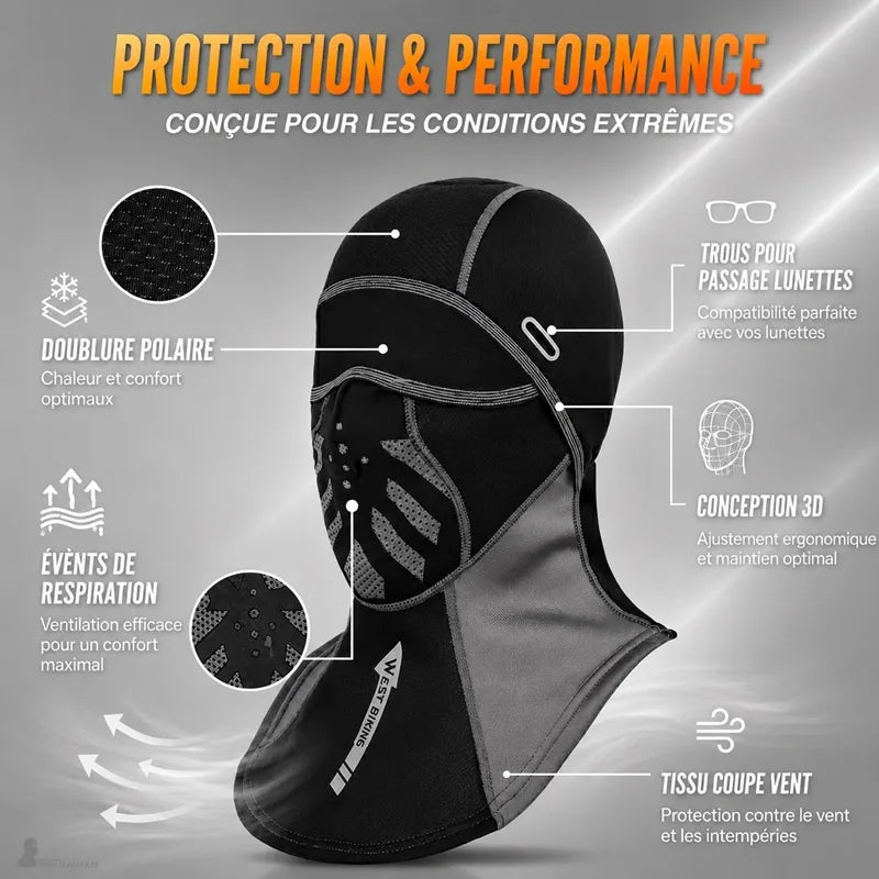 Cagoule motard vue détaillée : doublure polaire, events de respiration, trous pour passage lunettes, conception 3D et tissu coupe-vent - Espace Cagoules