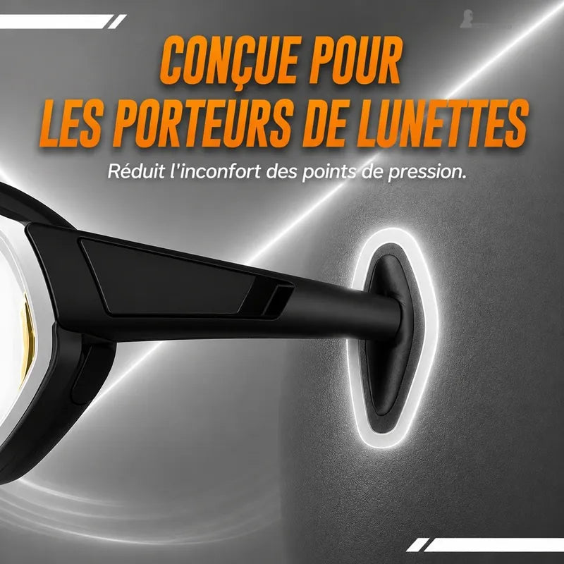 Cagoule motard gros plan sur le passage latéral renforcé accueillant une branche de lunettes pour réduire les points de pression - Espace Cagoules