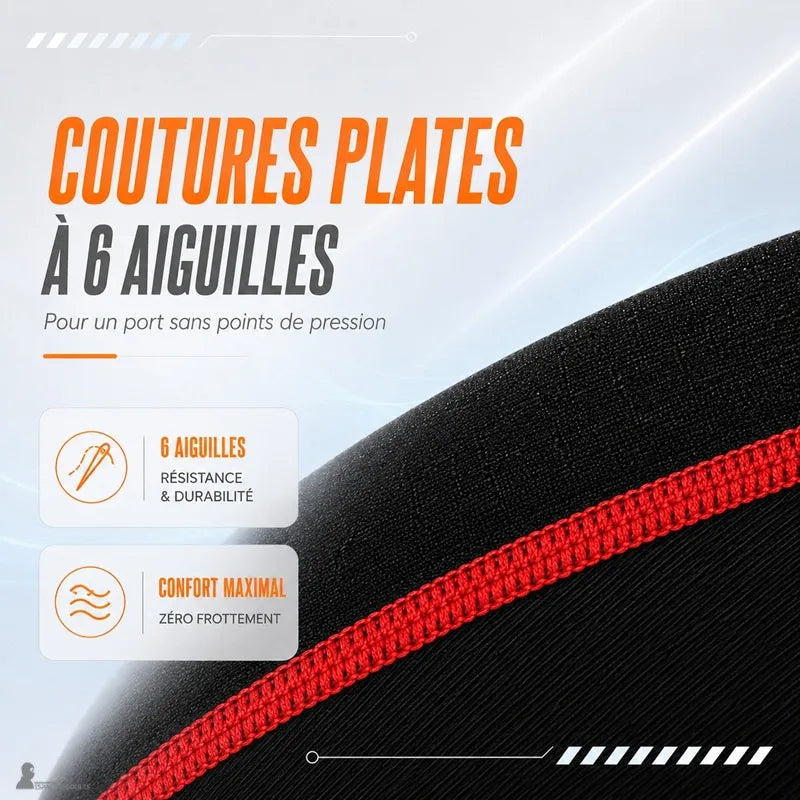 Détail des coutures plates à 6 aiguilles de la cagoule moto anti-transpiration pour un port sans points de pression - Espace Cagoules