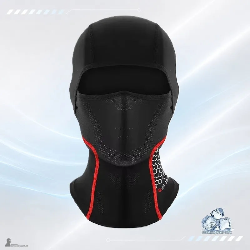 Cagoule moto anti-transpiration noire vue de face avec ouverture visage et empiècement alvéolé - Espace Cagoules