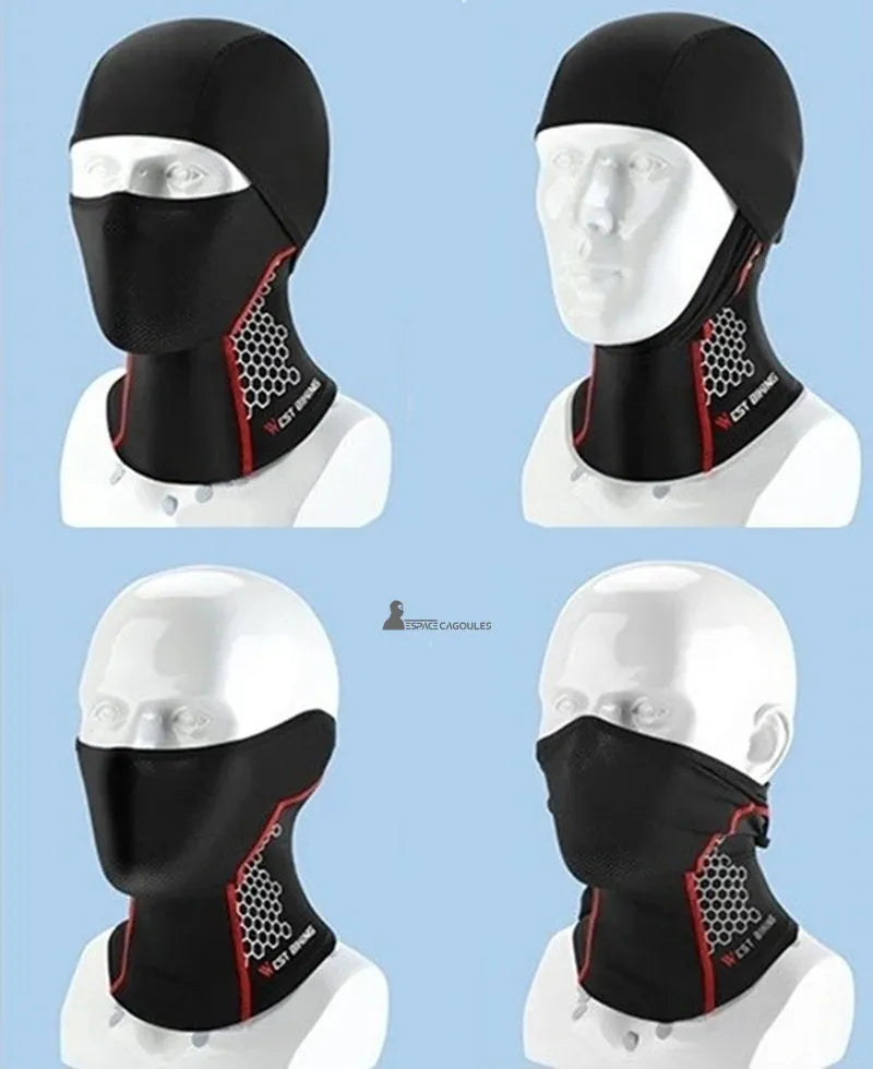 Cagoule moto anti transpiration noire présentée sous plusieurs angles sur mannequin blanc