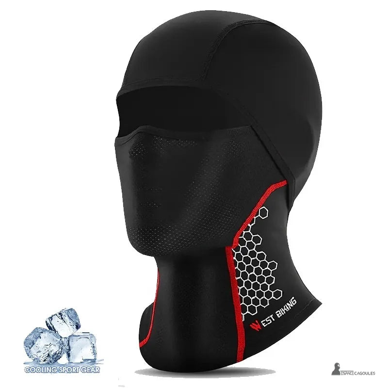Cagoule moto anti transpiration noire avec motifs hexagonaux rouges et blancs vue de profil