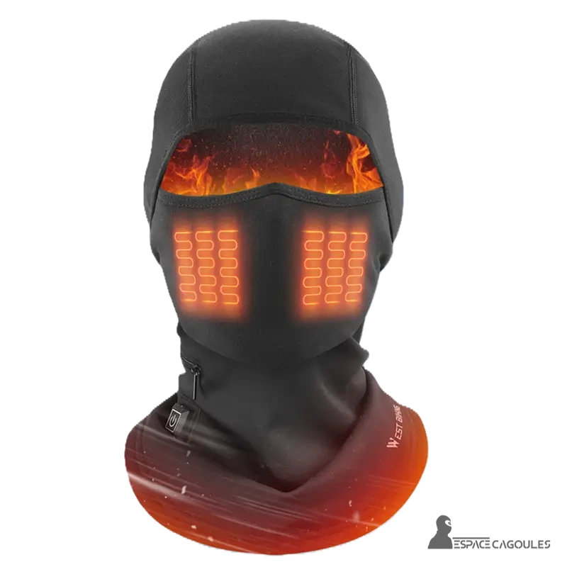 Cagoule Moto Chauffante â Chauffage facial activĂ© en pleine intensitĂ© avec fond noir, simulant des flammes pour montrer la chaleur Ă©mise
