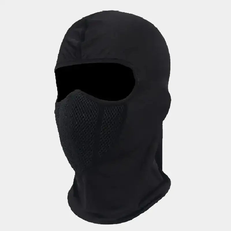 Cagoule Moto en Lycra noire sur fond blanc, affichant un design ergonomique avec ouverture unique pour les yeux et une maille respirante au niveau de la bouche pour faciliter la ventilation.