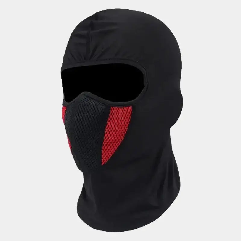 Motorcycle balaclava in black and red Lycra, featuring an ergonomic design with a unique eye opening and breathable mesh at the mouth to facilitate breathing.