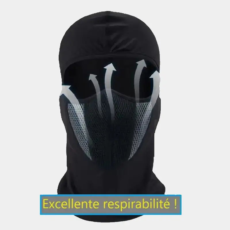Cagoule Moto en Lycra noire avec maille respirante et flèches illustrant la circulation de l'air. Excellente respirabilité pour éviter la condensation et assurer un confort optimal sous un casque.