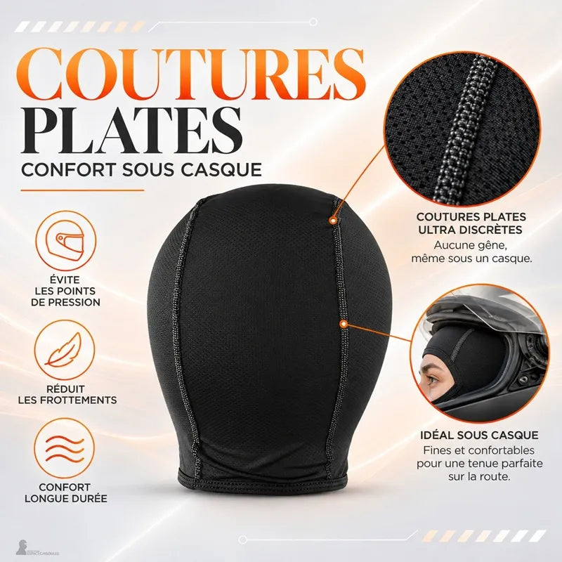 Gros plan sur les coutures plates de la cagoule moto en soie Summer, pensées pour éviter les points de pression et les frottements sous le casque - Espace Cagoules