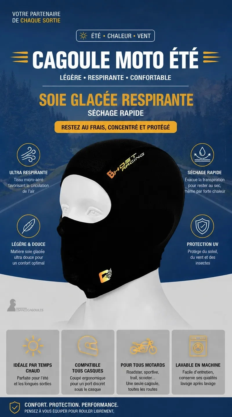 Infographie technique d'une cagoule moto été en soie glacée noire avec détails sur la respirabilité, le séchage rapide et la protection UV.