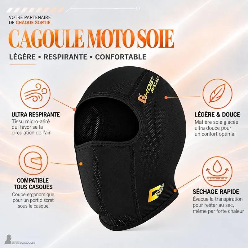 Infographie de la cagoule moto en soie Summer : soie glacée légère et douce, tissu ultra respirant, séchage rapide et compatibilité tous casques - Espace Cagoules