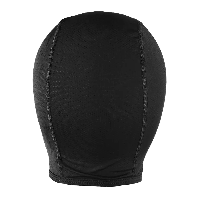 Vue arriÚre de la Cagoule Moto en Soie noire, mettant en avant les coutures ergonomiques et la coupe ajustée pour un confort optimal sous un casque de moto ou de vélo.