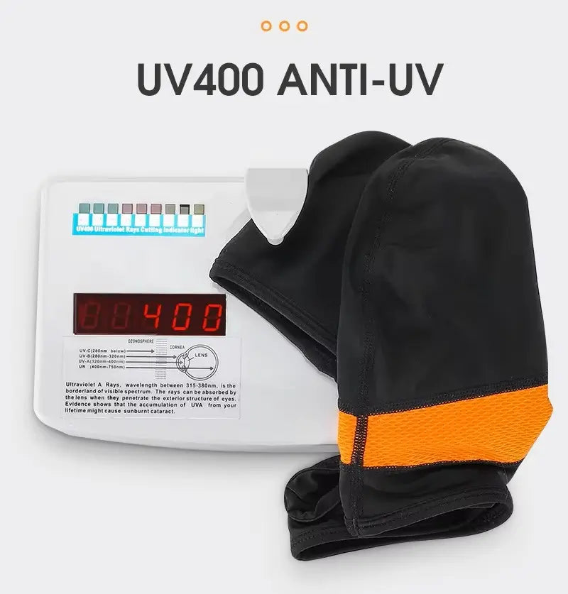 Test de protection UV de la cagoule moto en soie Maxvision. LâĂ©cran affiche UV400, confirmant une protection optimale contre les rayons UV pour les motards exposĂ©s au soleil.