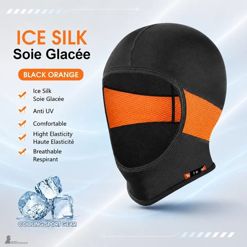 Cagoule moto en soie noire et orange avec bande respirante sur le visage - Espace Cagoules