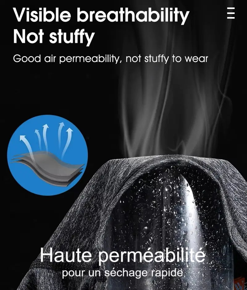 DĂ©monstration de la haute respirabilitĂ© de la cagoule moto en soie Maxvision. Le tissu micro-perforĂ© assure une ventilation optimale et Ă©vite la sensation dâĂ©touffement sous le casque.