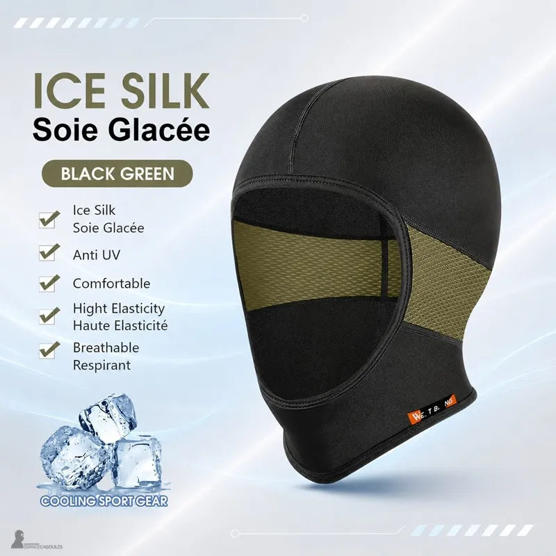 Cagoule moto en soie noire et vert kaki avec empiècement respirant sur le visage - Espace Cagoules