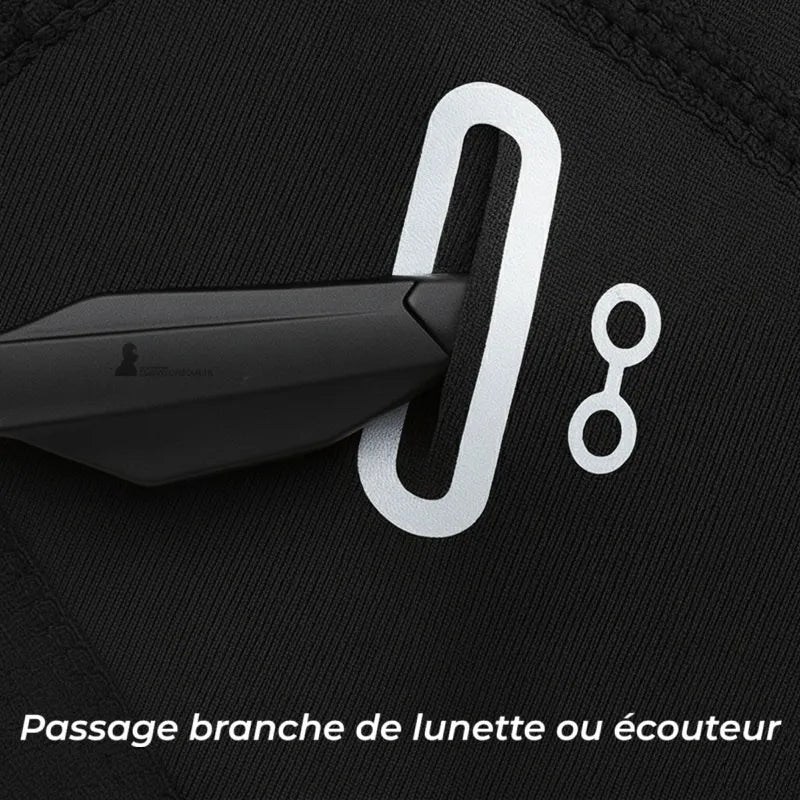 Cagoule moto été femme Libra — détail passage branche de lunette ou écouteur sur tissu noir respirant — Espace Cagoules