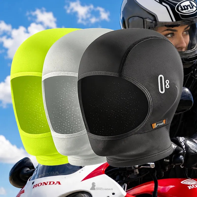 Cagoule moto été femme Libra demi-visage 3 coloris noir gris vert avec motarde sous casque en arrière-plan — Espace Cagoules