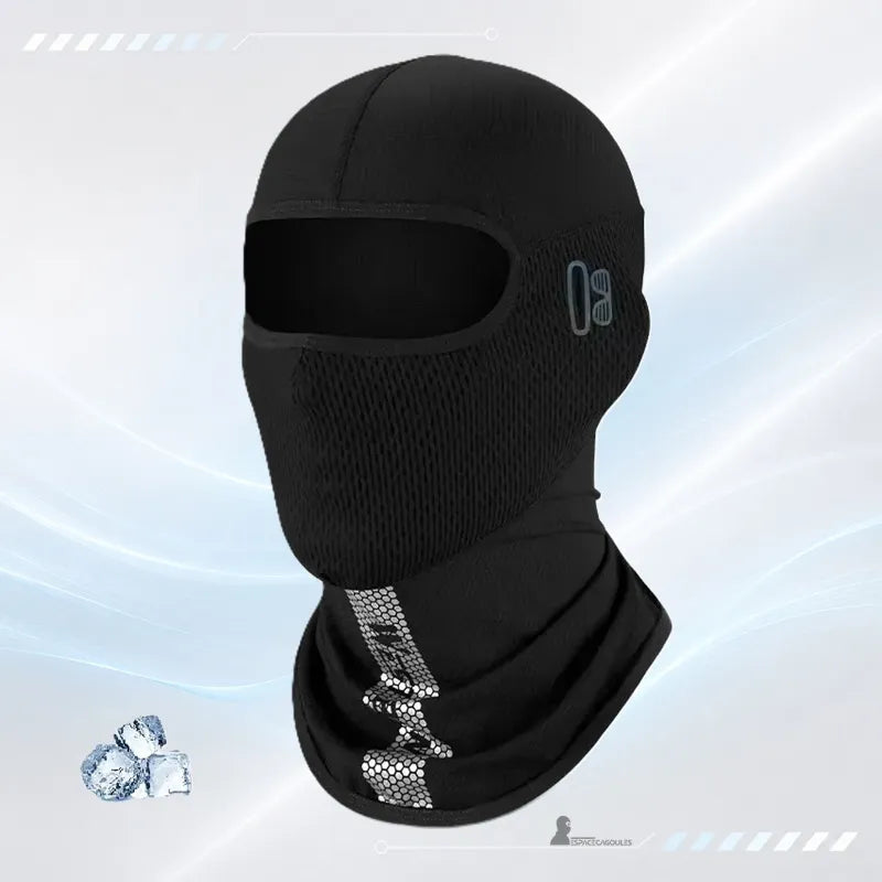 Kask motocyklowy letni dla kobiet z jedwabiu lodowego UPF50 czarny widok z przodu z oddychającą siateczką i paskiem na szyi - Przestrzeń Kasków