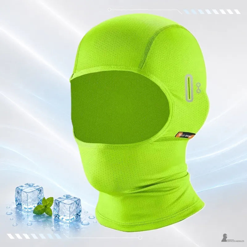 Cagoule moto été minimaliste vert fluo à col long, vue de trois quarts avec passage lunettes - Espace Cagoules