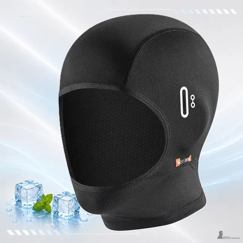 Cagoule moto été minimaliste noire à col court, vue de trois quarts avec passage lunettes - Espace Cagoules