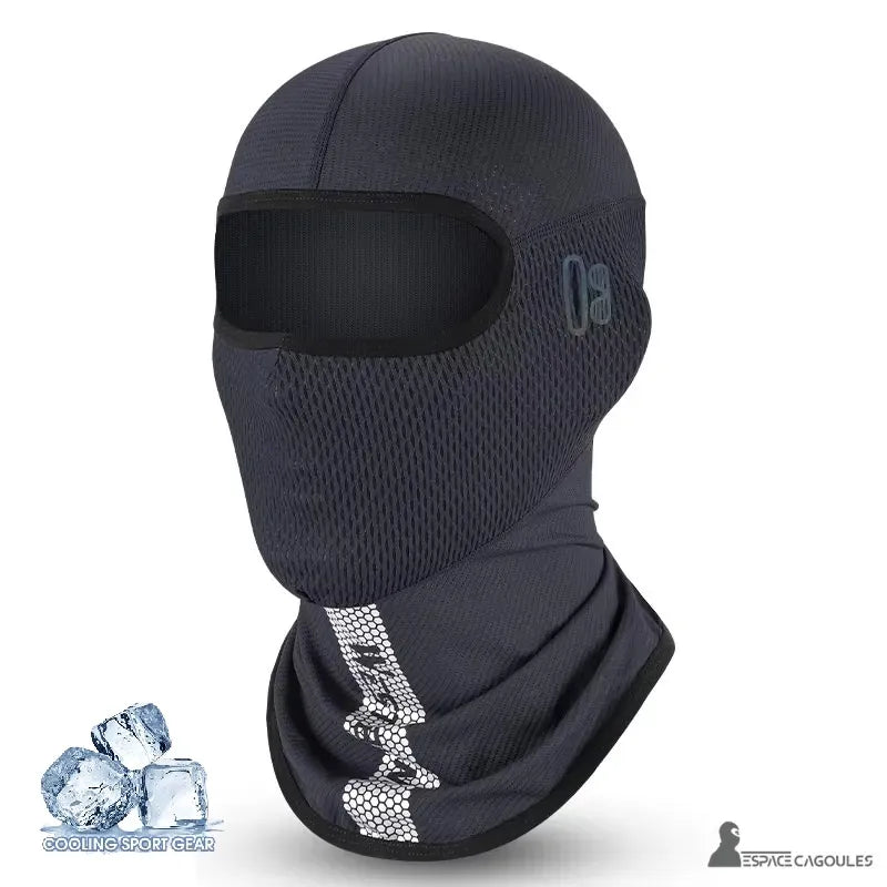 Passamontagna estivo grigio silkair in rete traspirante, foto in studio con il simbolo Cooling Sport Gear e stalattiti per illustrare la ventilazione estiva