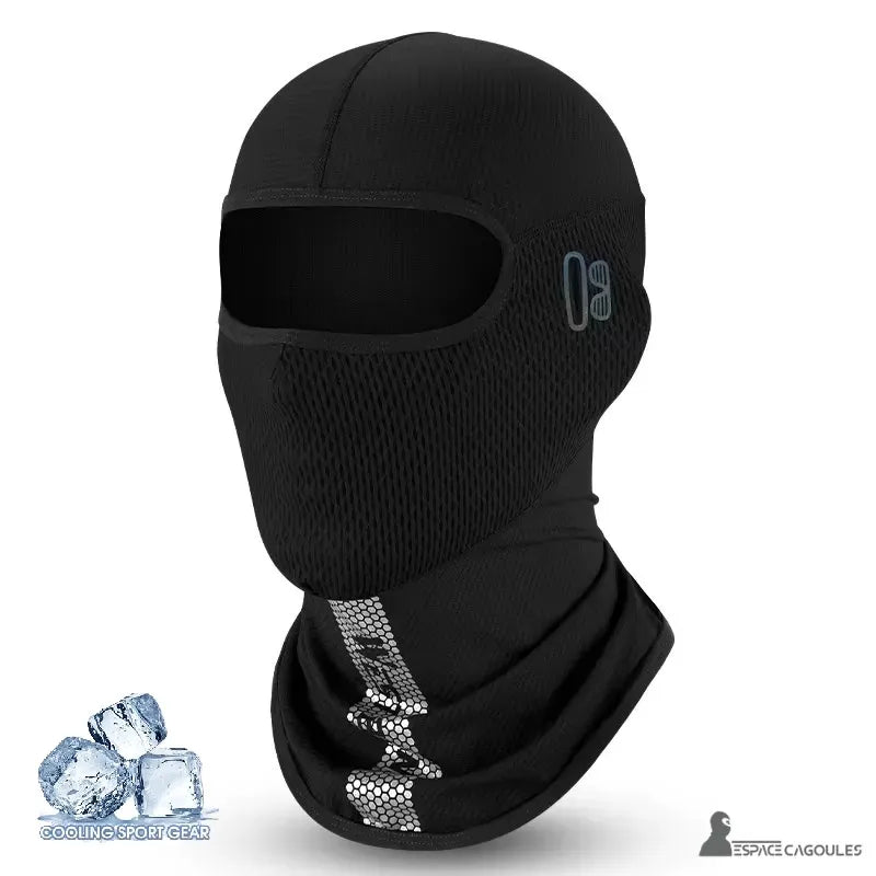 Svart Silkair sommar motorcykel balaclava, studiofotografering med Cooling Sport Gear-logotyp och istappar som symboliserar andningsförmÄga och sommarkomfort