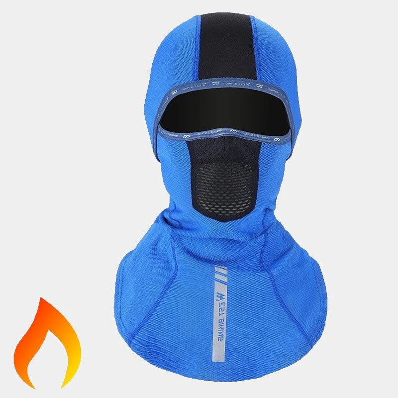 Front view of a long-haired women's motorcycle balaclava in dark blue, perfect for winter thanks to its thermal insulation and warm lining.