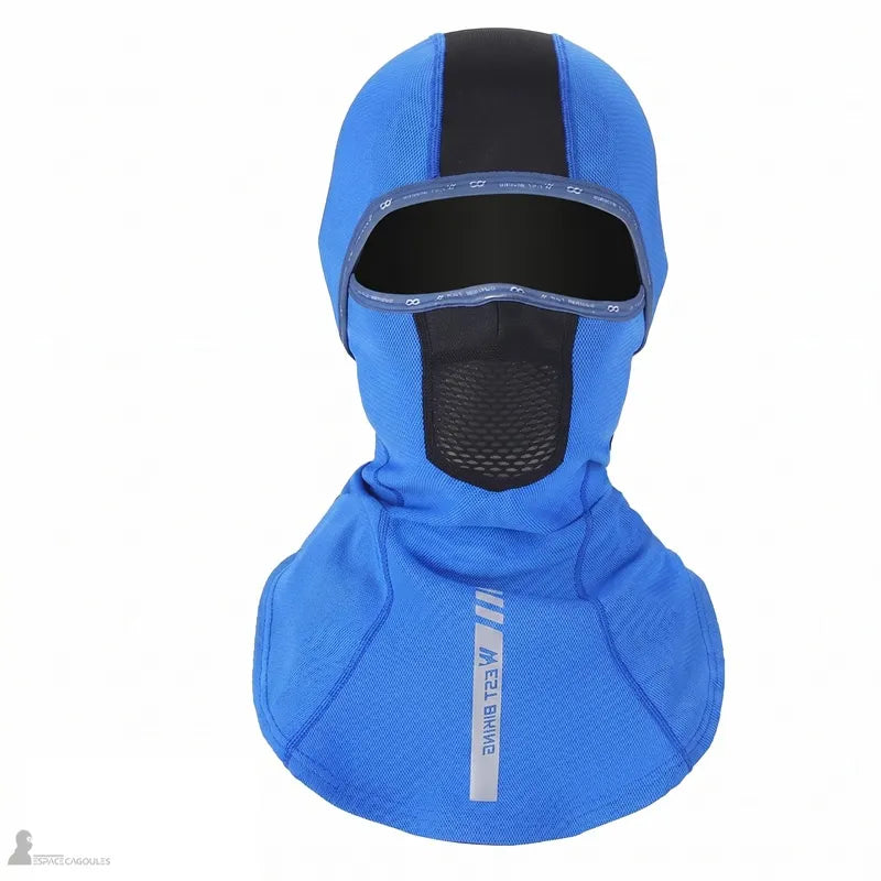 Vue frontale d'une Cagoule Moto pour femme à cheveux longs en bleu foncé, parfaite pour l'hiver grâce à son isolation thermique et sa doublure chaude.