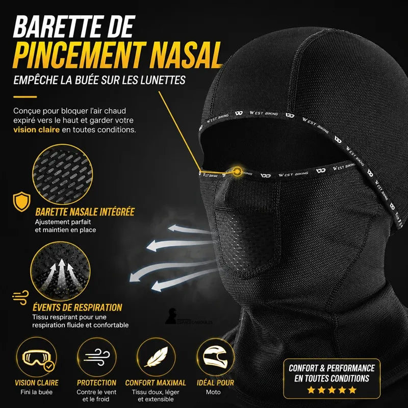 Zoom sur les évents de respiration de la Cagoule Moto pour femme à cheveux longs, avec un design technique favorisant une bonne circulation de l'air pour un confort optimal.