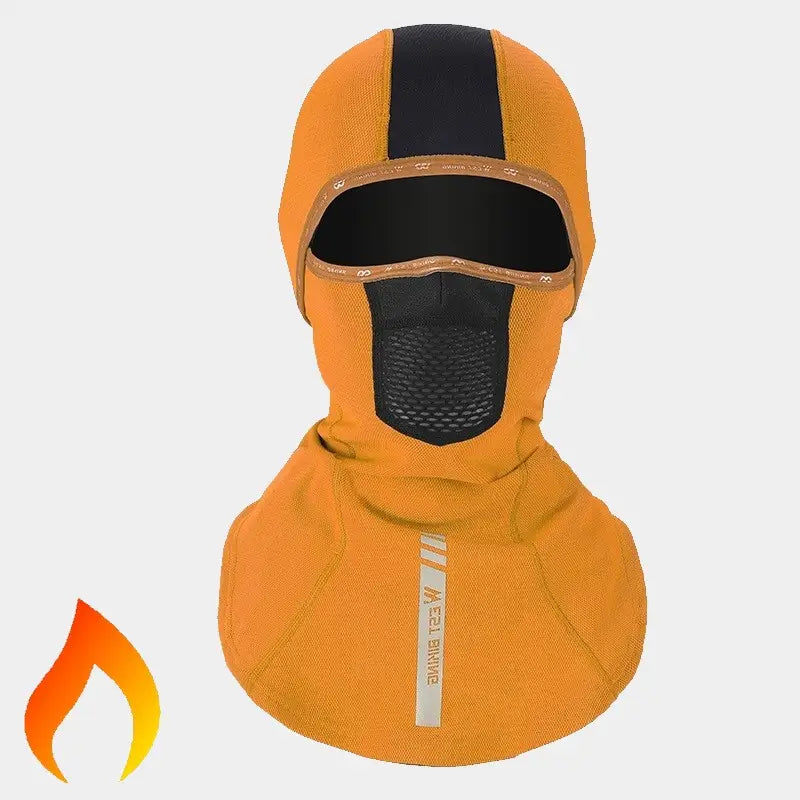 Orange motorcycle balaclava for women with long hair, with a robust design and a cut suitable for winter riding.