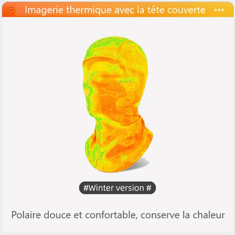 Wärmebildaufnahme einer Motorrad-Sturmhaube für Damen aus weichem und bequemem Fleece, ideal, um Wärme in kalten Umgebungen zu speichern und Kopf und Nacken zu schützen."
