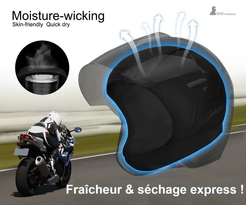 Cagoule moto femme Lumis en soie glacée — fraîcheur et séchage express illustrés sous casque moto — Espace Cagoules