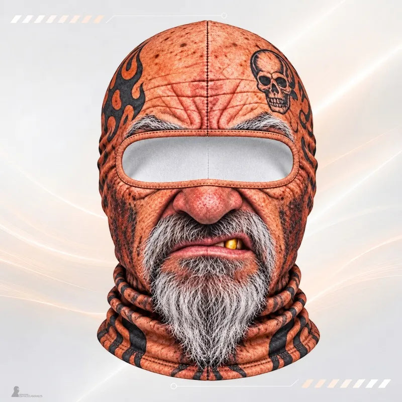 Cagoule moto fun Dédé : visage de vieux biker barbu à dent en or, flammes et tête de mort imprimées - Espace Cagoules