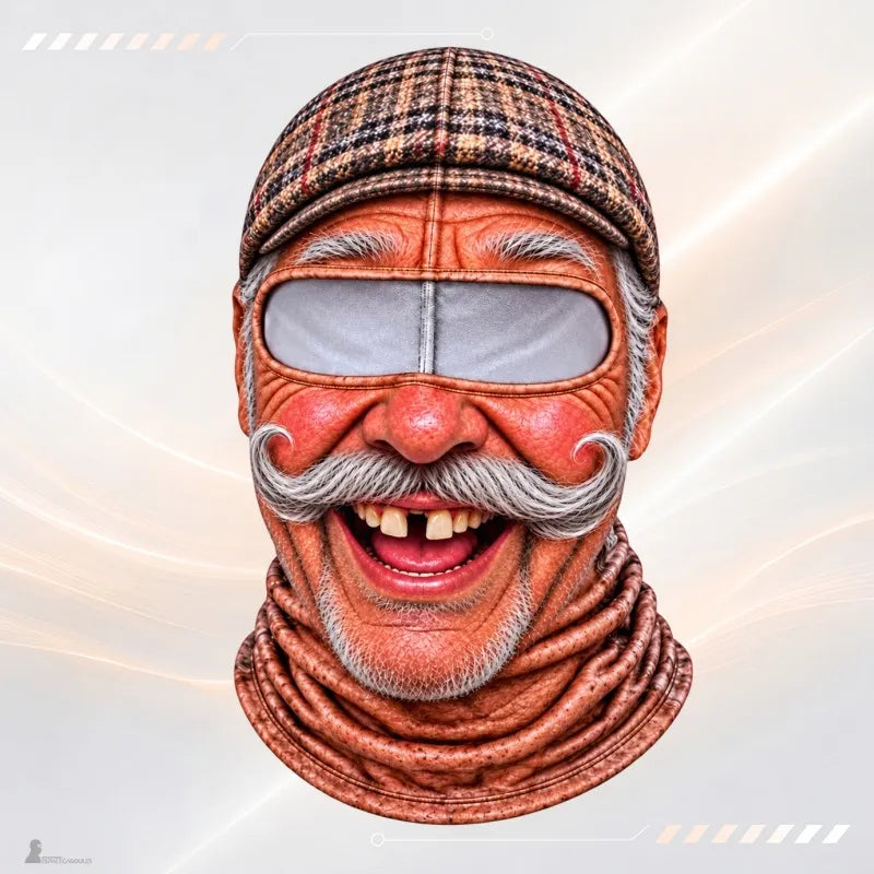 Cagoule moto fun Marcel : papy rieur à moustache en guidon et casquette en tweed imprimée - Espace Cagoules