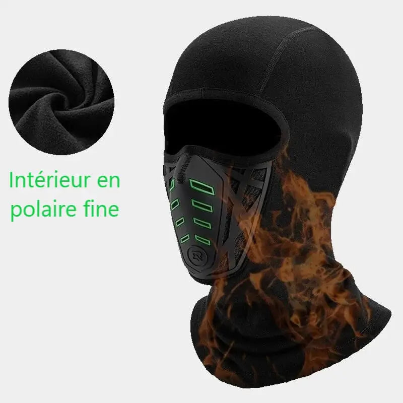 Anti-fog vintermotorcykelbalaclava i svart tyg med fin fleeceinredning, utrustad med en andningsmask med gröna ventiler och termiskt skydd, perfekt för komfort och vÀrme i kallt vÀder.