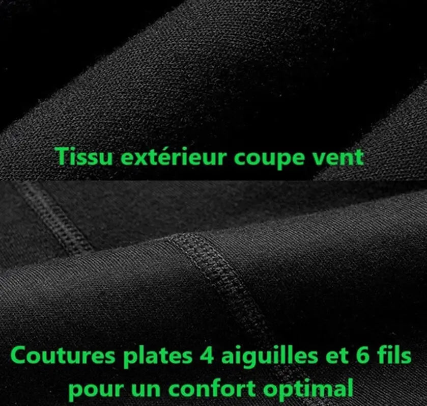 NÀrbild av det svarta vindtÀta tyget pÄ en anti-dimma vintermotorcykelbalaclava, som framhÀver de platta sömmarna med 4 nÄlar och 6 trÄdar, vilket ger robusthet och optimal komfort.