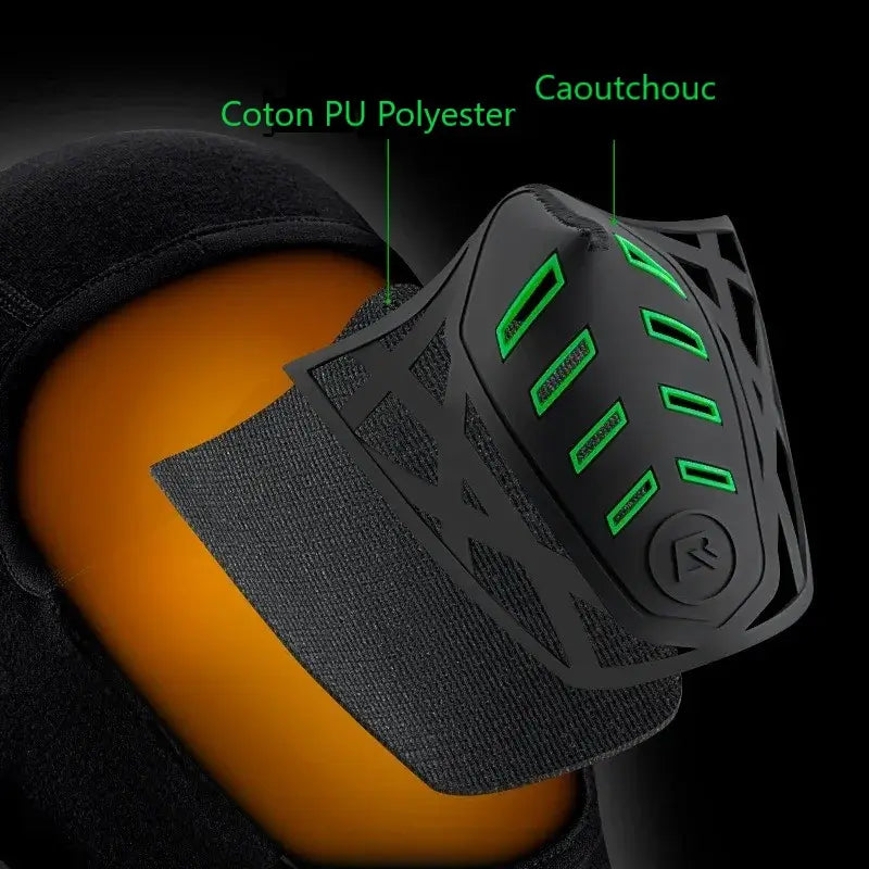 Detaljer om anti-dimma vintermotorcykel balaclava med svart gummimask och gröna öppningar, polyester PU bomullsfoder för vÀrmeisolering, ger komfort och skydd mot kylan.