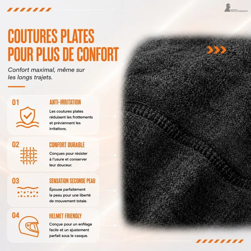 Détail des coutures plates de la cagoule moto hiver, conçues pour réduire les frottements et éviter les irritations sous le casque - Espace Cagoules