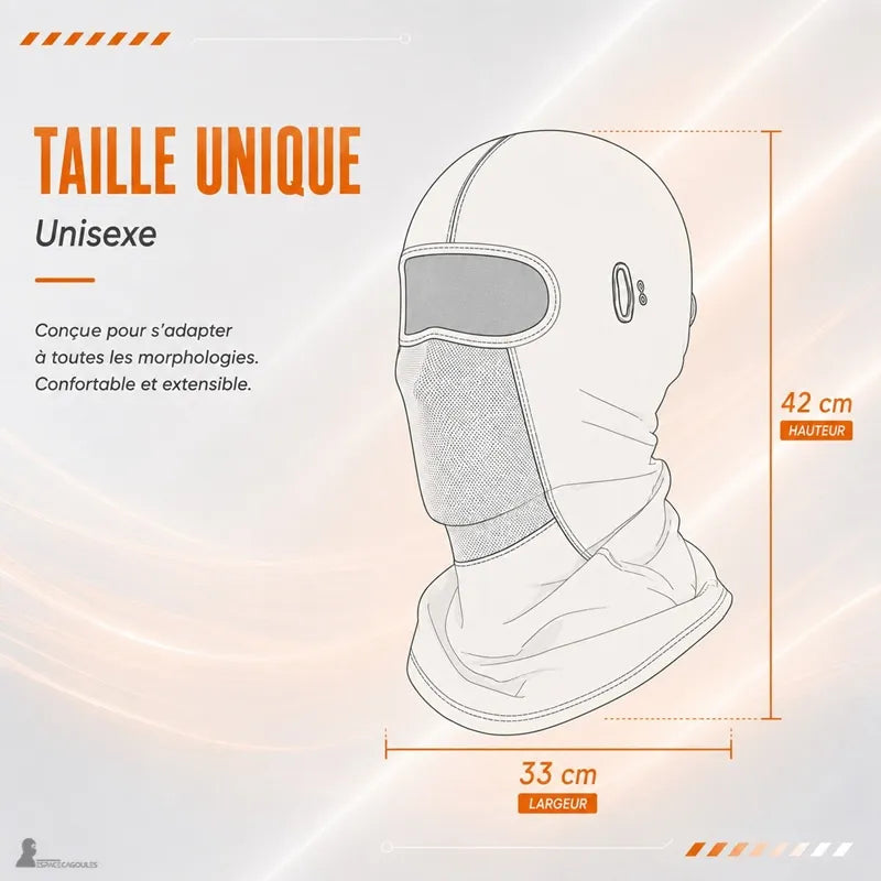 Schéma de la cagoule moto hiver taille unique unisexe avec dimensions 33 cm de largeur et 42 cm de hauteur - Espace Cagoules