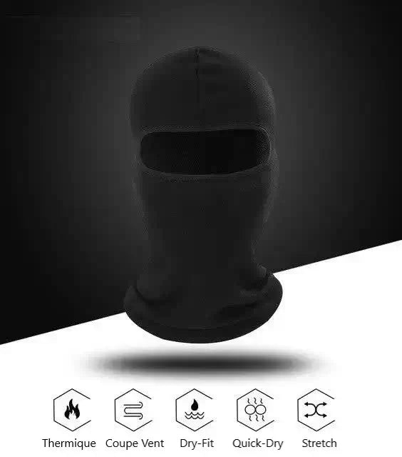 Cagoule moto hiver homme noire, fonctionnalités avancées : thermique, coupe-vent, stretch, séchage rapide et dry-fit pour une protection maximale.