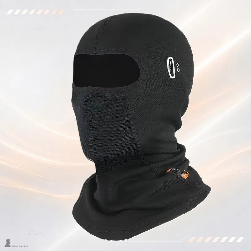 Cagoule moto hiver noire 1 trou vue de trois-quarts, col long couvrant la nuque, matière extensible coupe-vent - Espace Cagoules
