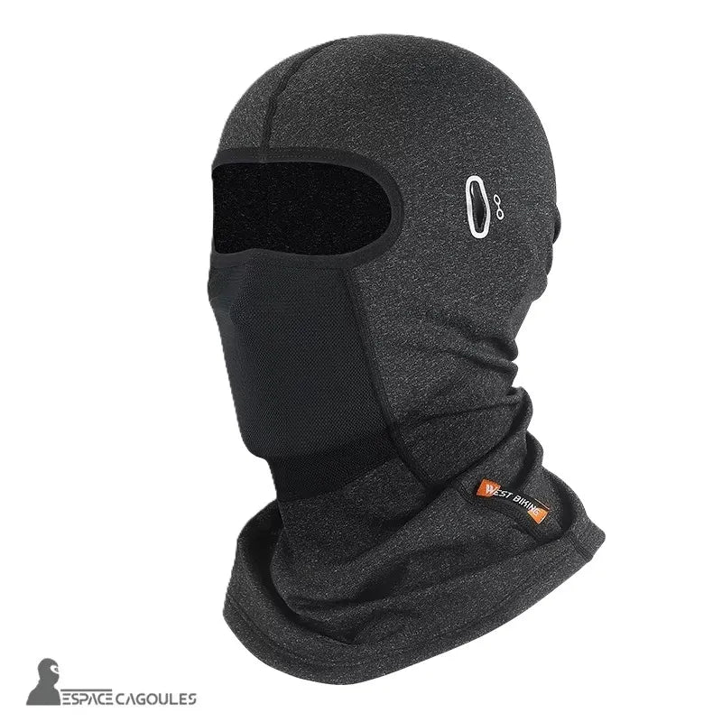 Winter motorcycle balaclava - Grey model with breathable fabric and orange West Biking logo, three-quarter view